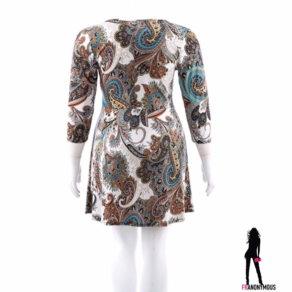 PLUS Ivory/Blue Paisley Print Faux Wrap Dress - Picture 3 of 3