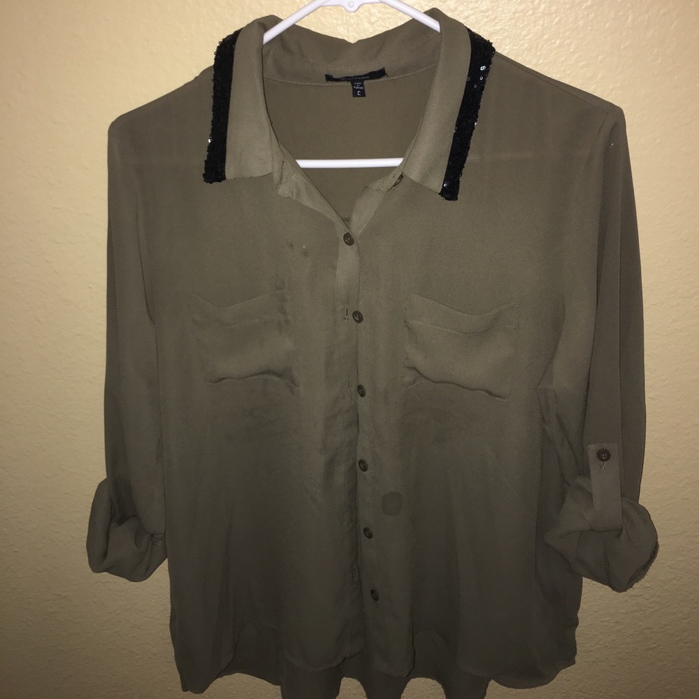 Army green button down top