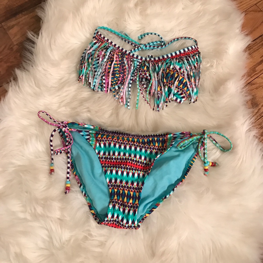 Multi Colored Printed Fringe Bikini