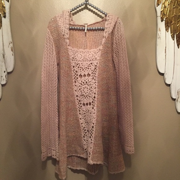 Free People Sweaters - {Free People} crochet knit pale pink tunic sweater