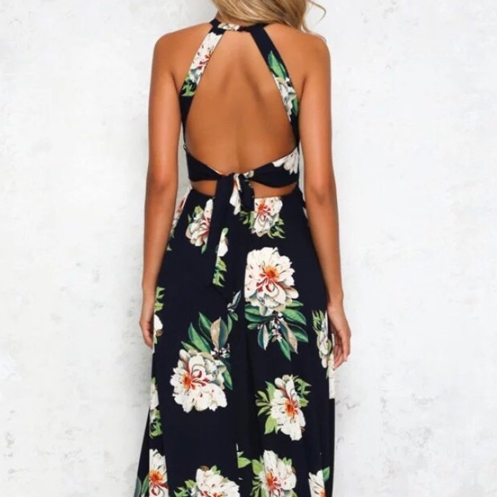 Beige floral maxi dress DRC151 - Picture 3 of 4