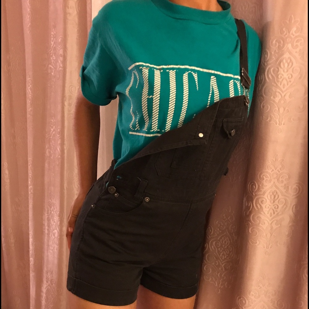 Black overall shorts,