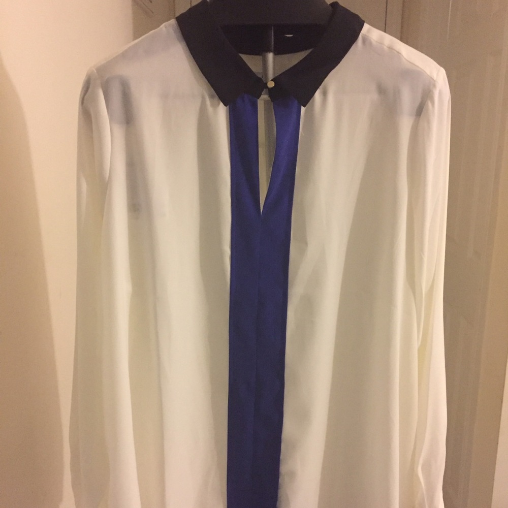 Liz White blouse with cobalt blue collar.