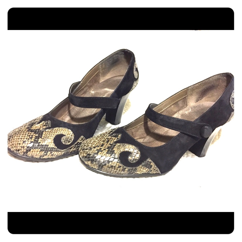 Black suede and snakeskin Mary Jane heels