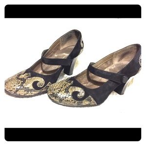 Black suede and snakeskin Mary Jane heels