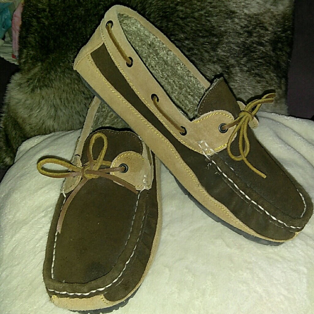 MINNETONKA  MENS  BROWN/TAN SUEDE MOCCASINS