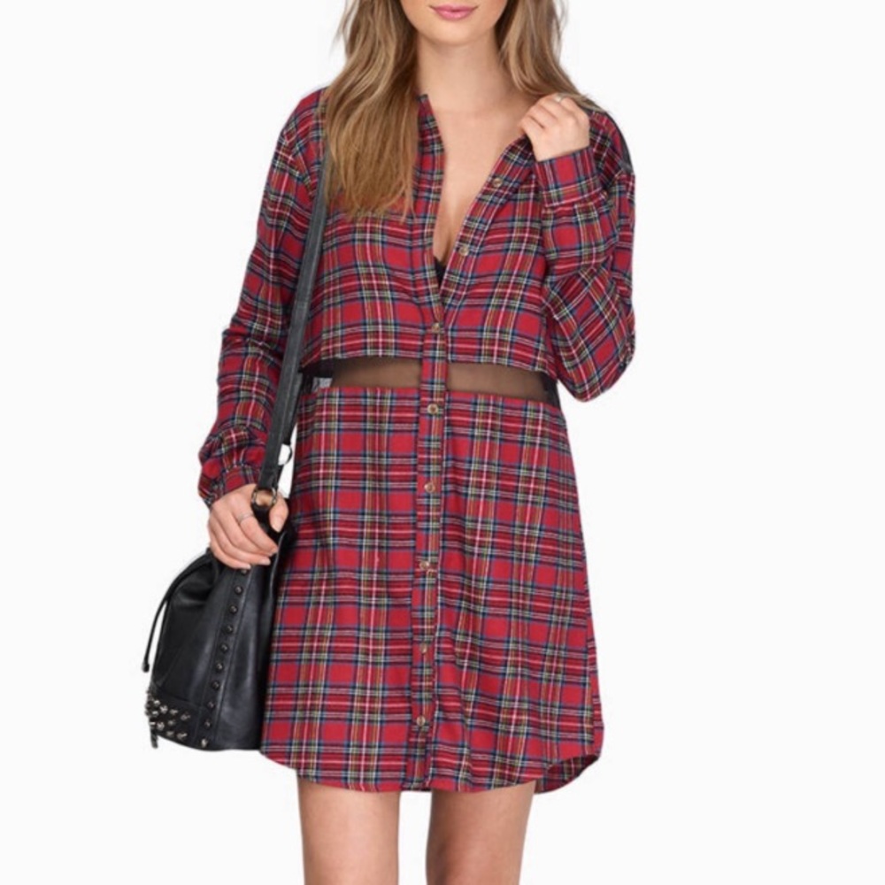 Red Plaid & Mesh Flannel Shift Dress - SIZE M