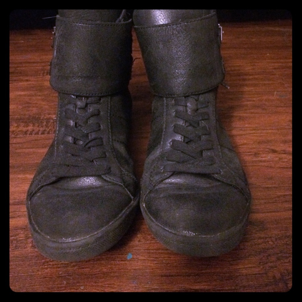 Black faux leather high top sneakers