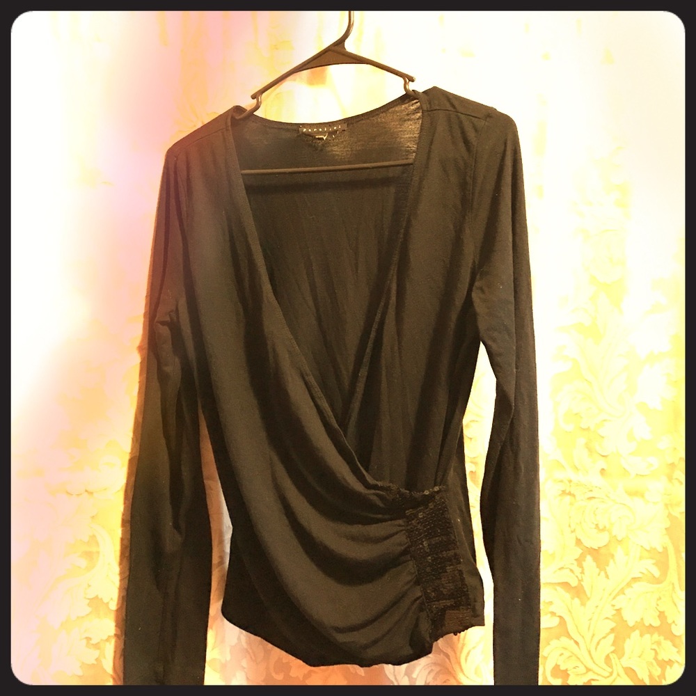 Black V neck blouse with rhinestone embellishment