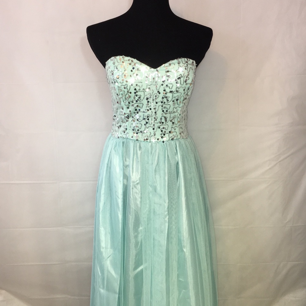 Aqua strapless sequined long formal gown Prom M