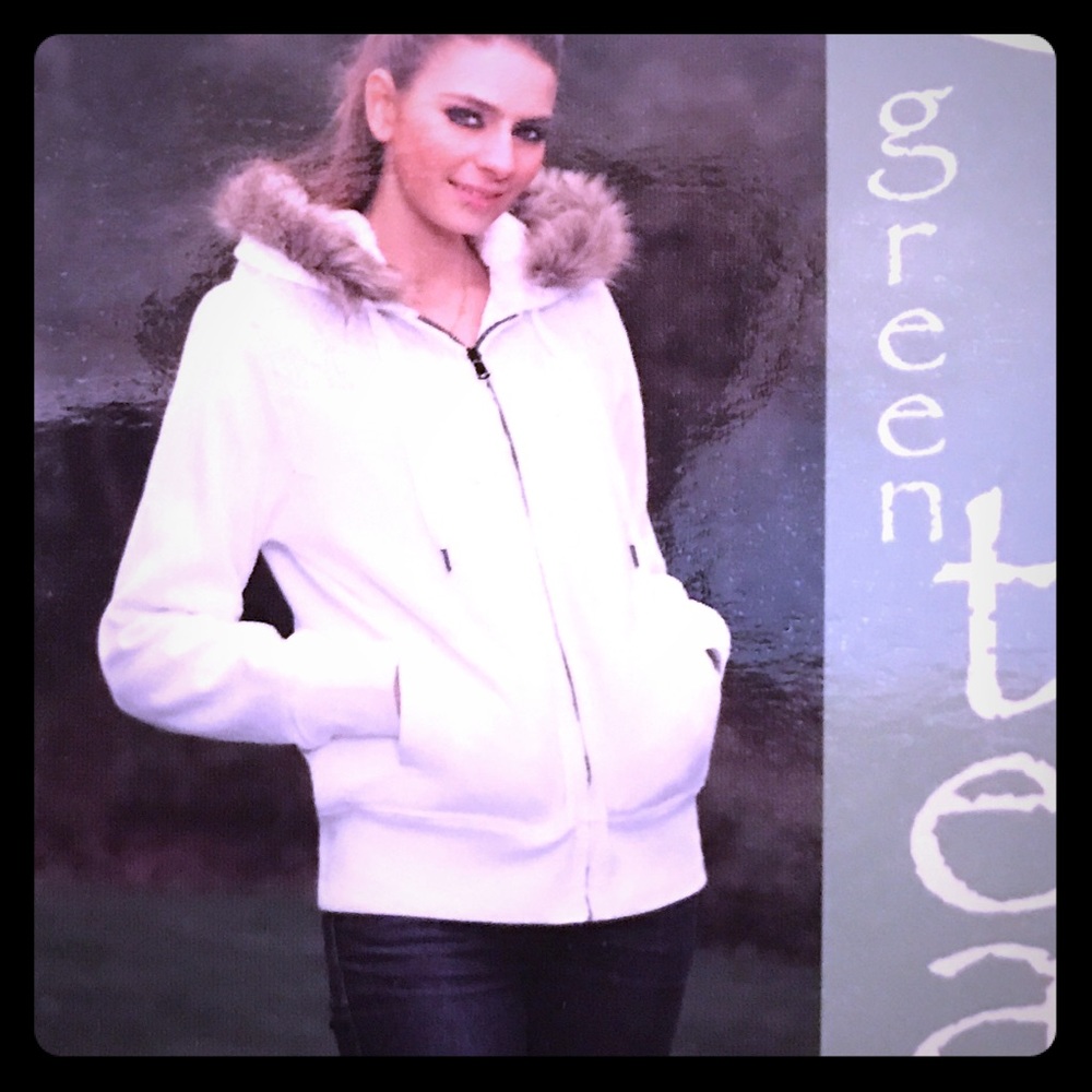 Green Tea Faux Fur detachable lined Hoodie NWT