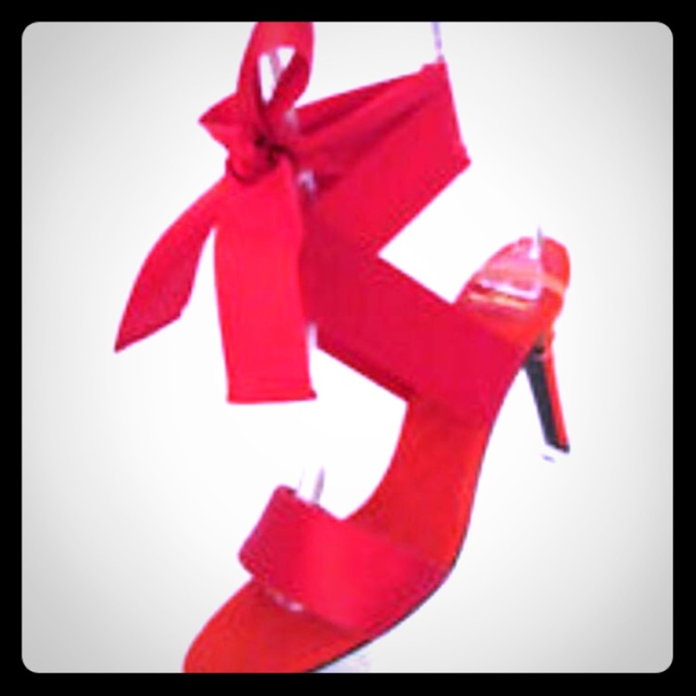 Delman Red Ribbon Ankle Strap Heels
