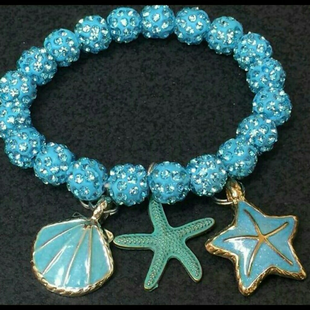🌟🐚 HANDCRAFTED BLUE CRYSTAL BEADS TIBETAN SILVER  STAR FISH SHELL BRACELET 🌟