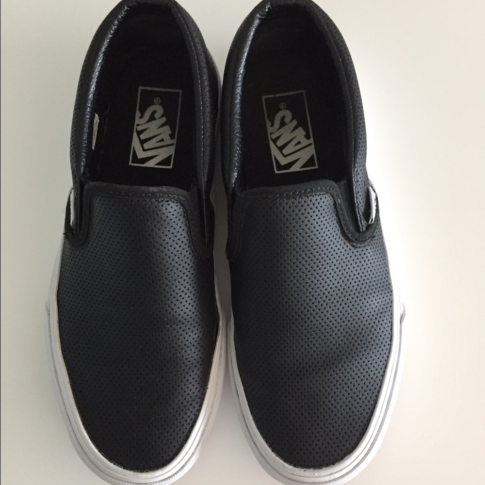 Vans black perforated leather slip ons size 6.5