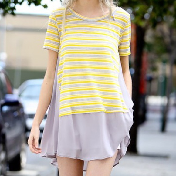 Yellow Gray Chiffon Contrast Tunic Top - Picture 2 of 4