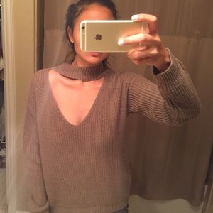 High collar cut out brown sweater Missguided