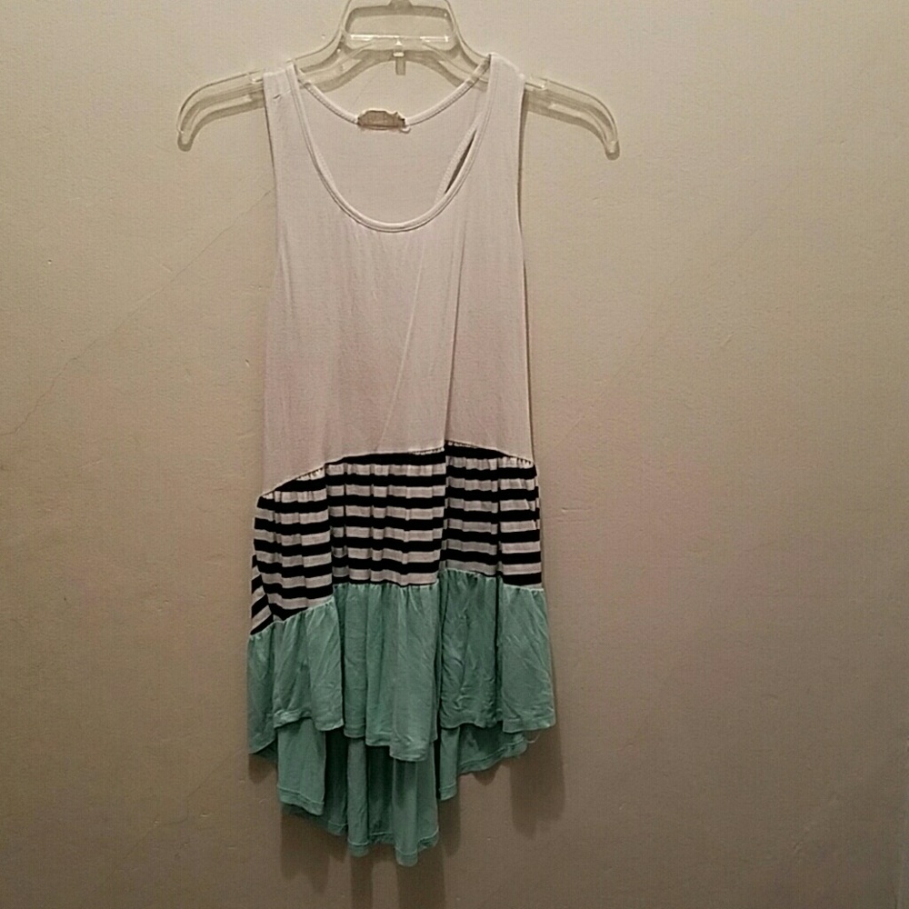 White Teal Striped Racervack Flowy Tank. Small.