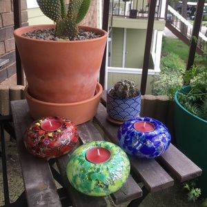 Set of 3 hand-blown, Italian glass candle holders.