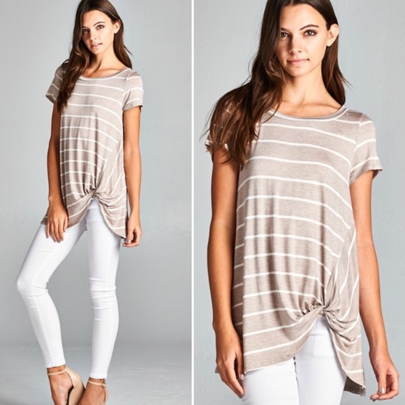 Last 1! M Taupe Twist Knot Striped Tee - Picture 2 of 6