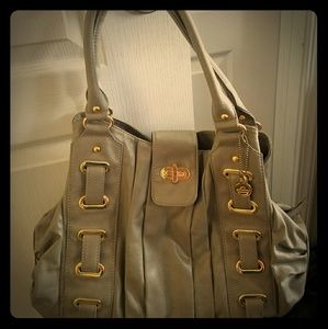 Gray leather handbag