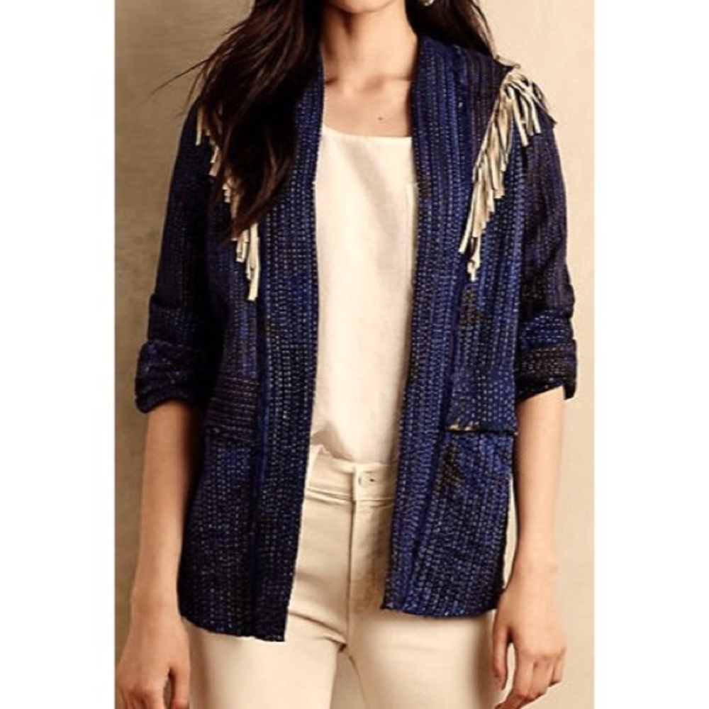 Kantha coat with leather fringe
