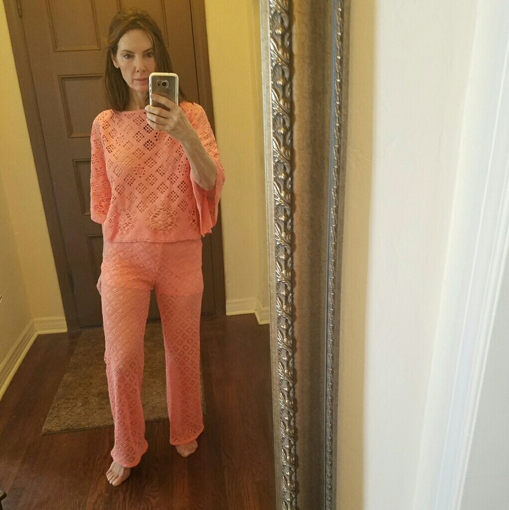 Trina Turk coral crochet top and pants