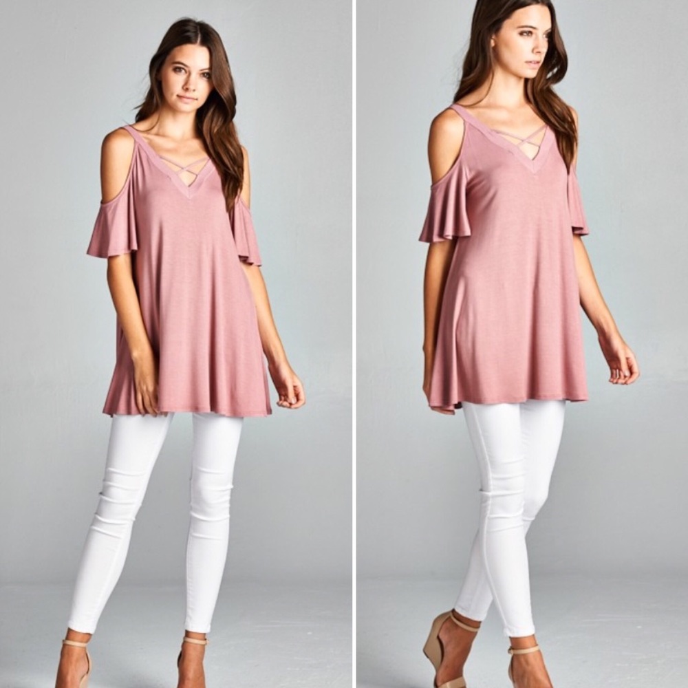 S-L Mauve Criss Cross front Cold Shoulder Top - Picture 3 of 6