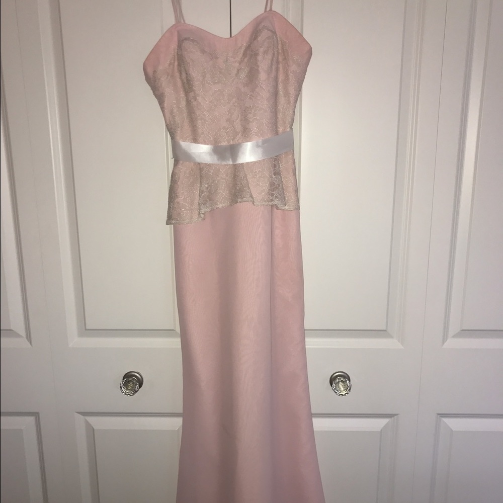 Pink lace peplum dress with satin belt