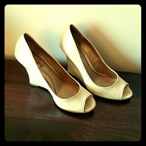 Cream Satin Wedge Peep Toe Heals -  wedding