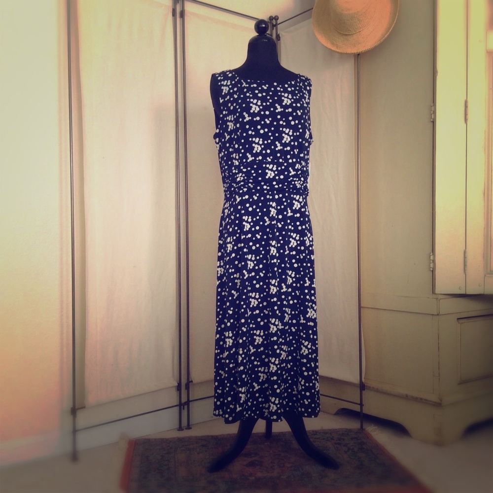 Jessica H Navy Polka Dot Ruched Dress Size 14 NEW