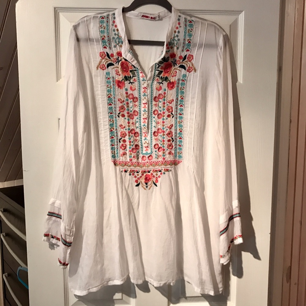 Johnny Was White Embroidered Blouse Long-Sleeves