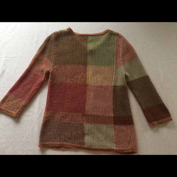 Earth-tone crocheted cardigan sweater. - Picture 2 of 5
