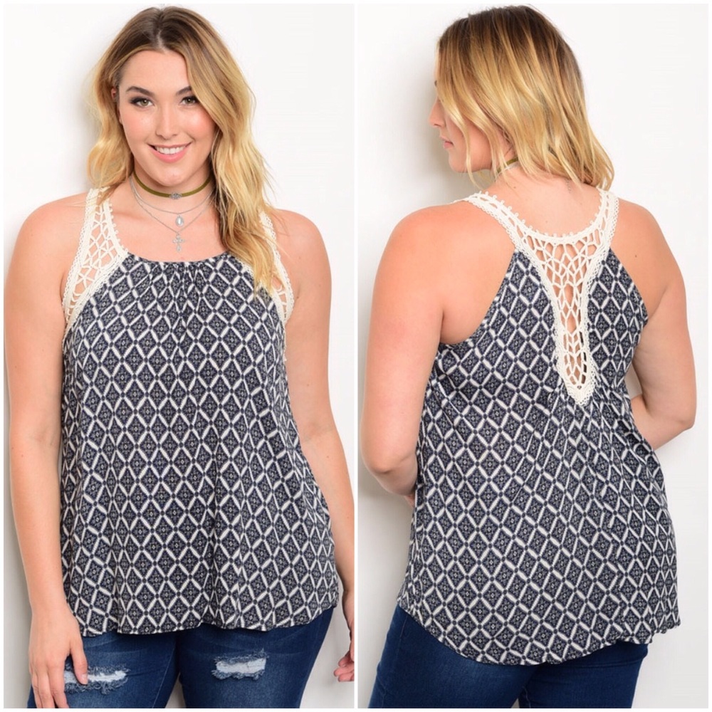 🚨FINAL PRICE🚨Plus Navy/Ivory Printed Tank Top - Picture 1 of 1