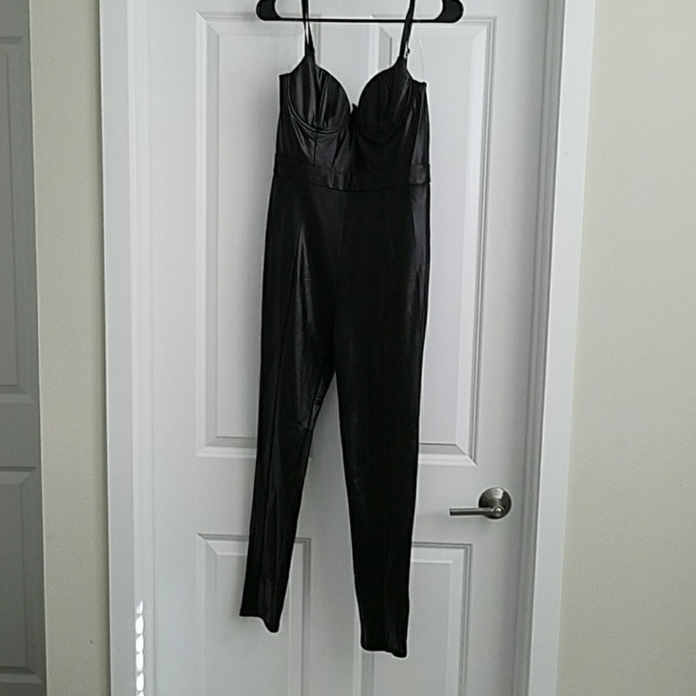 Black leather look jumpsuit