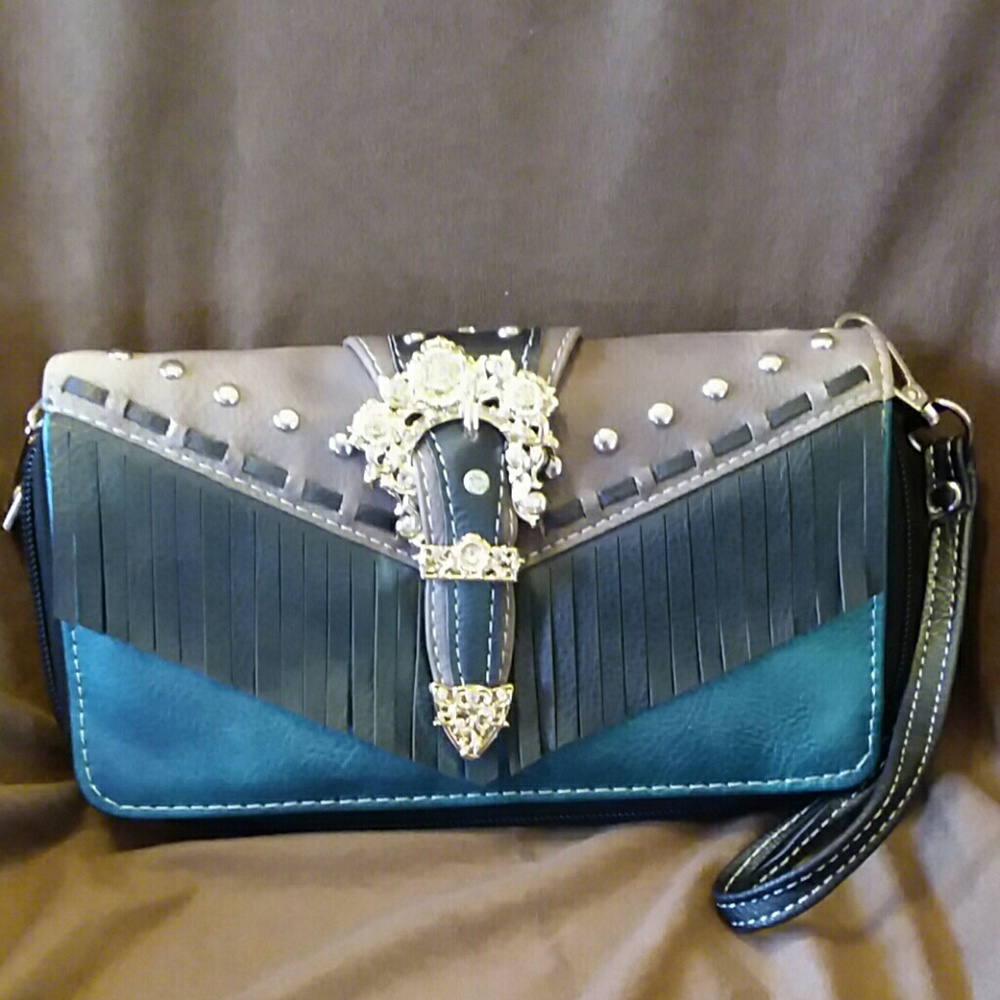 Cowgirl trendy buckle fringe wristlet,  black - Picture 2 of 7