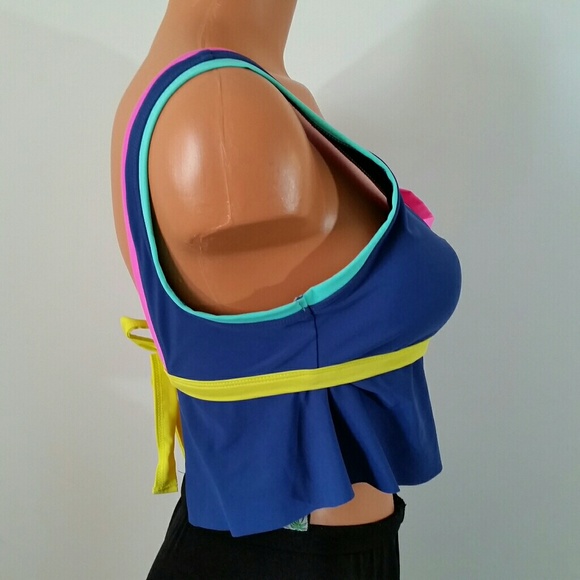 Large Blue Colorblock Tankini Bikini Top R Virtue - Picture 3 of 4