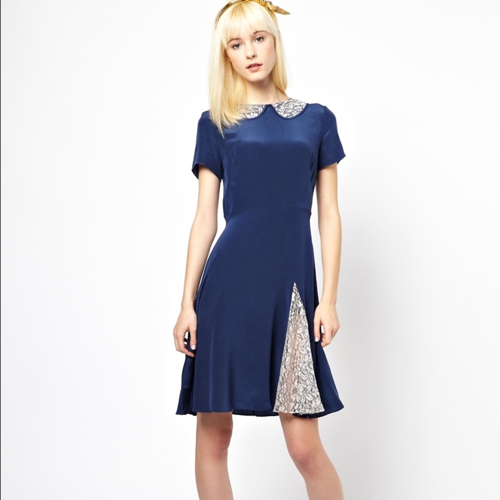 House of Holland blue silk dress with lace trim