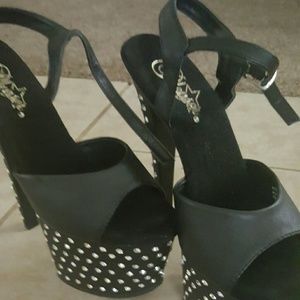 Black leather and rhinstone platform heels