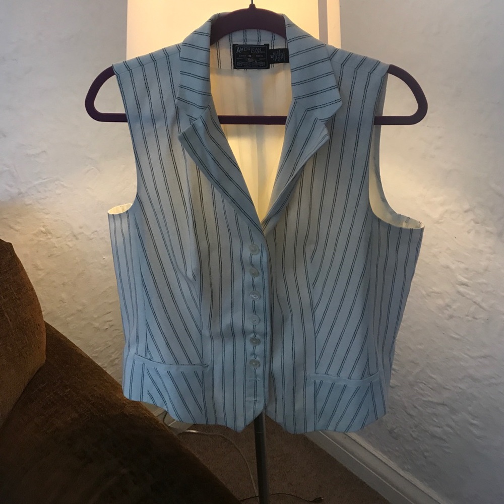 Pant set with Vest. Cream with black pinstripes.