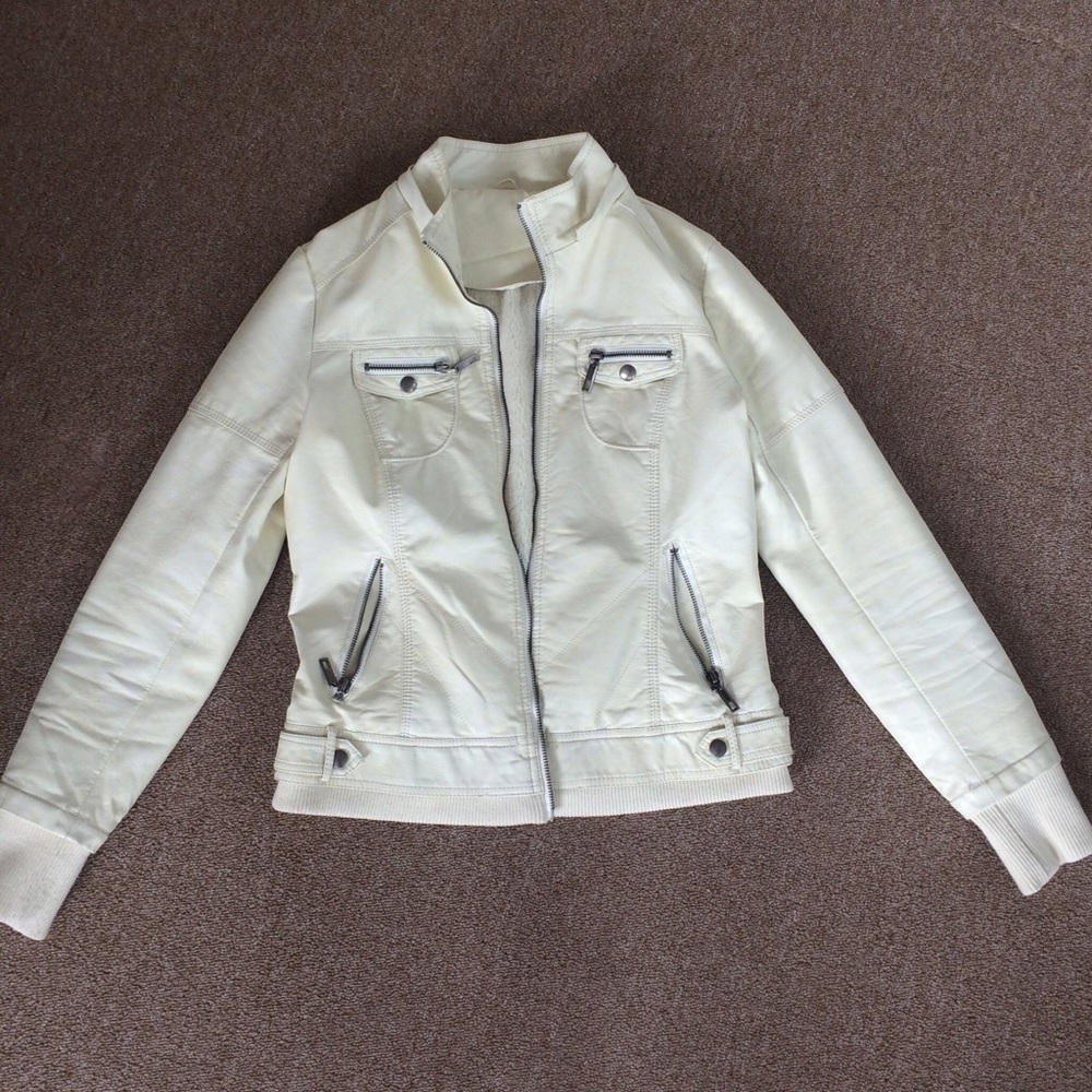 White Faux Leather Moto Jacket w/ Detachable Hood
