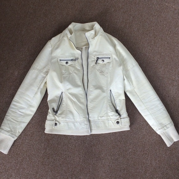 White Faux Leather Moto Jacket w/ Detachable Hood - Picture 1 of 8