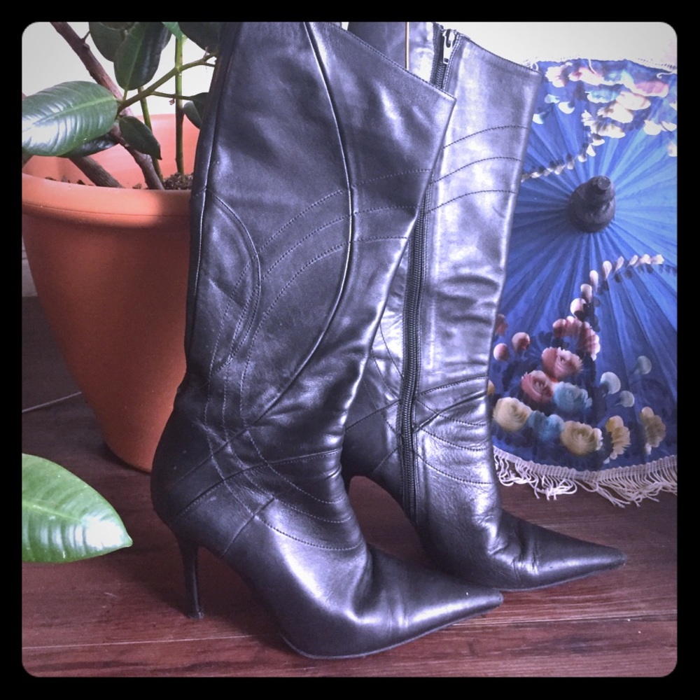 Charles David Black Leather Knee-High Boots