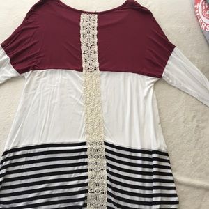 Maroon, white, black color block shirt w lace.