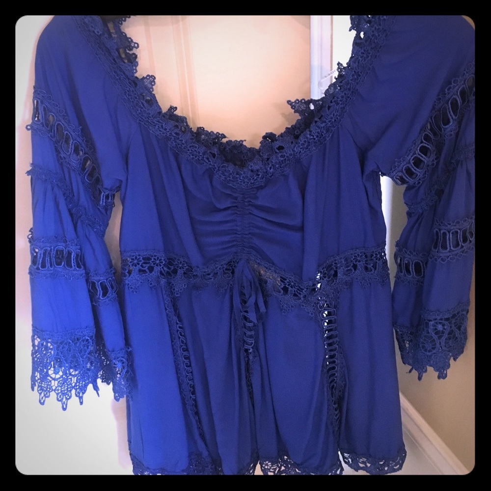 Boho blue shirt- off the shoulder