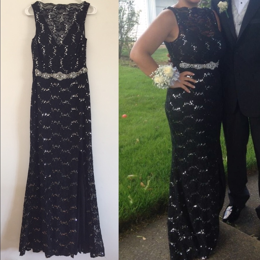 Lace & Rhinestone Black Silver Prom Dress Size 11
