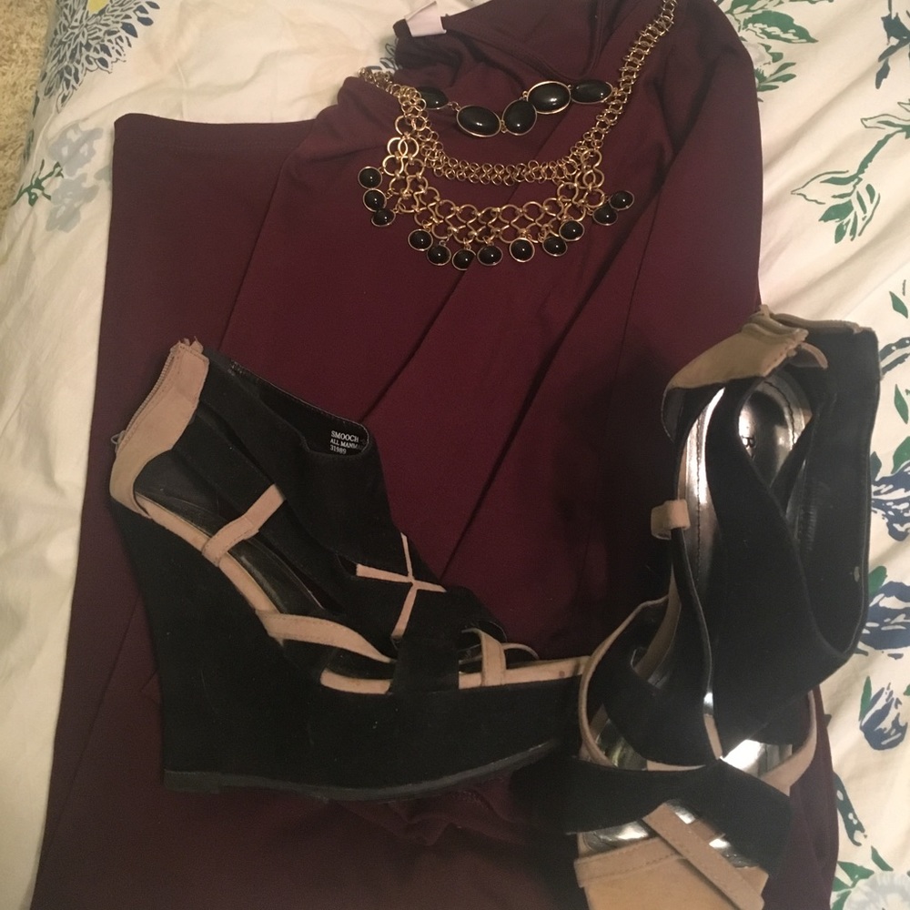 Deep burgundy 3/4 sleeve below the knee dress