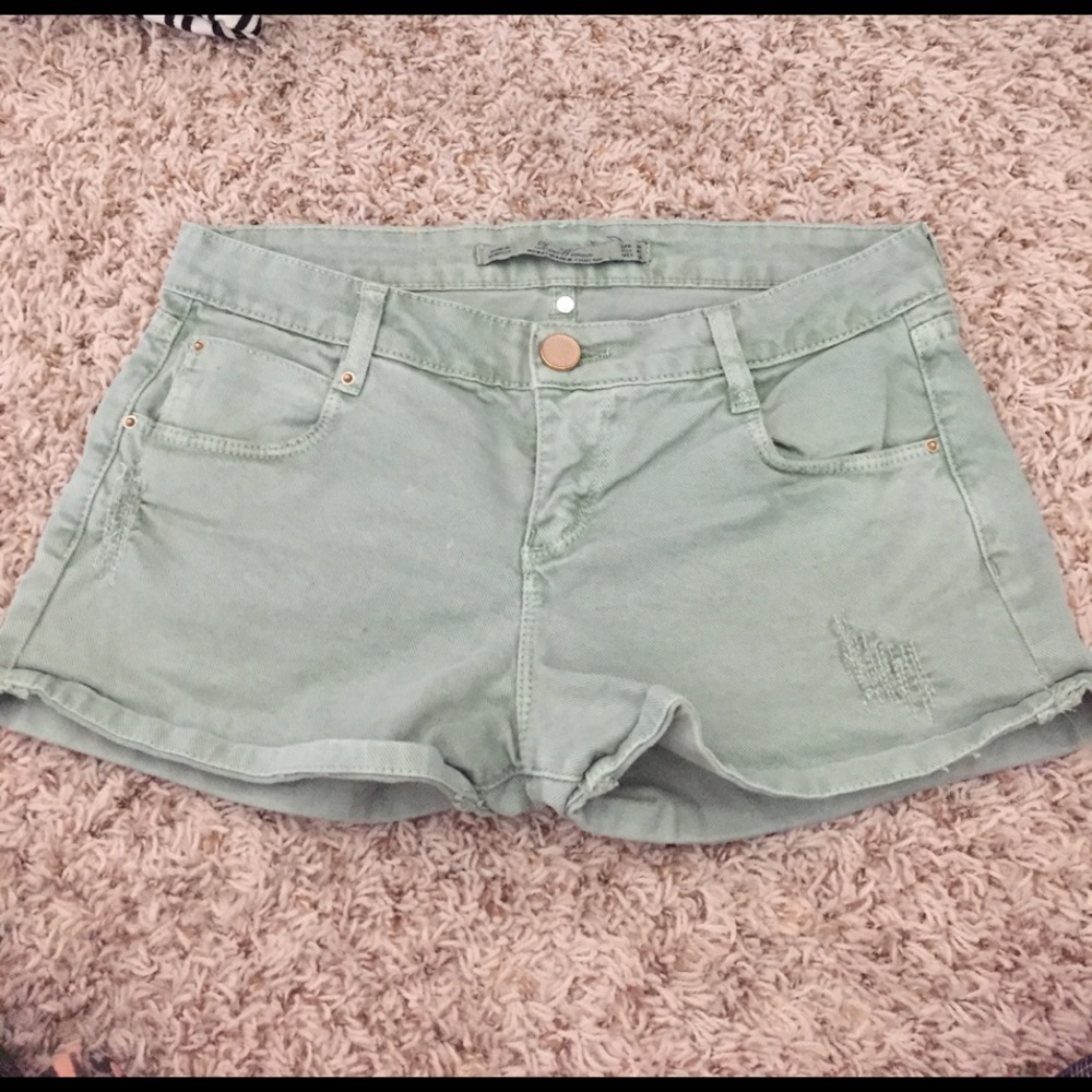 Zara green denim shorts. Size 2. Distressed look.