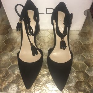 Black suede & gold tassel pumps