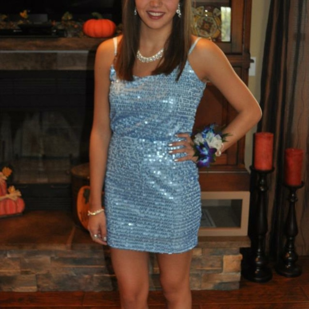 Light blue sequin homecoming dress