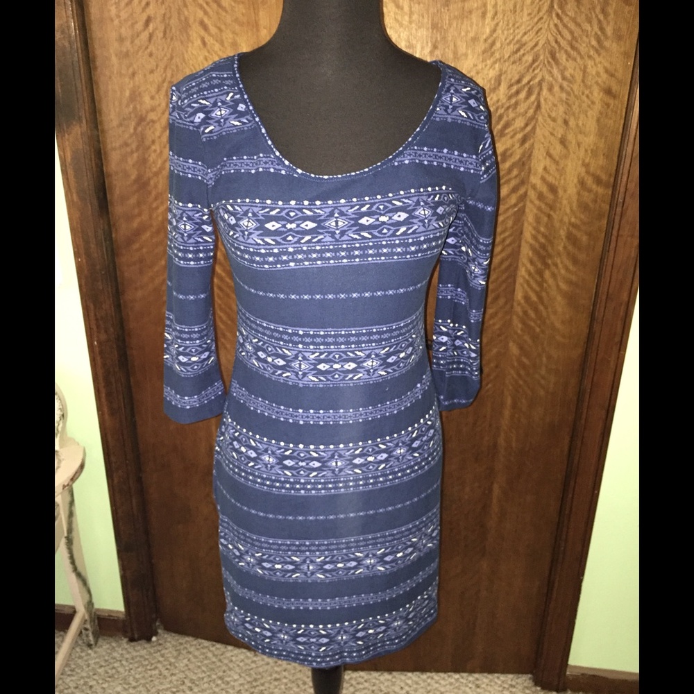 Blue tribal body con dress